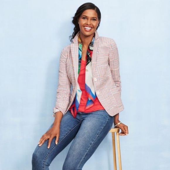 Talbots Seersucker Stripe Patchwork Blazer Size 8P - Picture 1 of 12